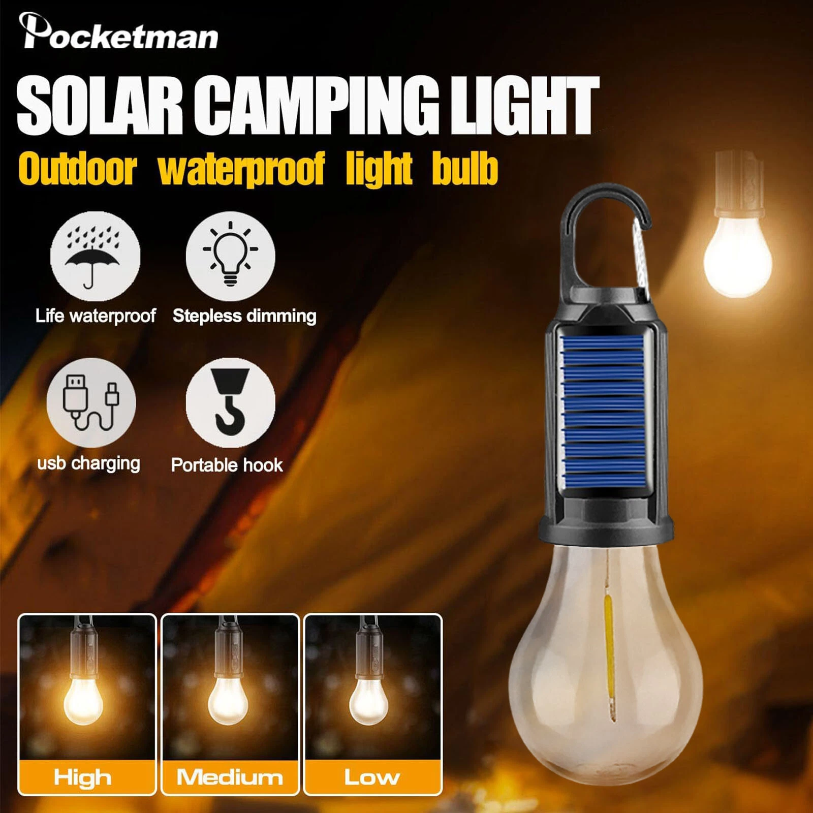 Solar Rechargeable Hooked Camping Light 3