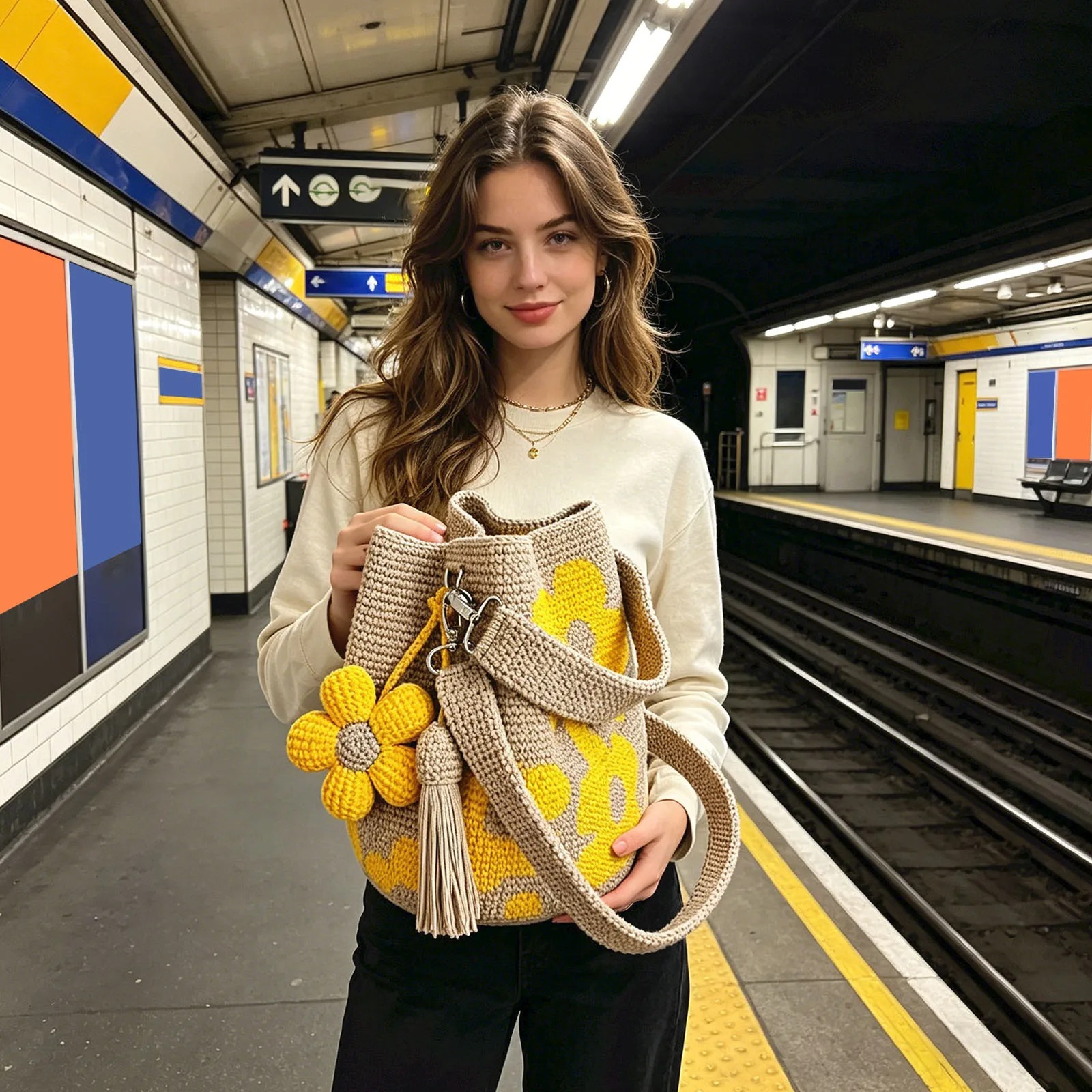 Handmade Flower Crochet Bucket Bag 2