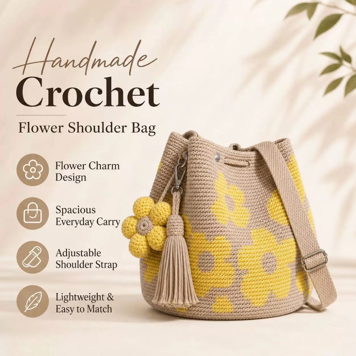 Handmade Flower Crochet Bucket Bag 8