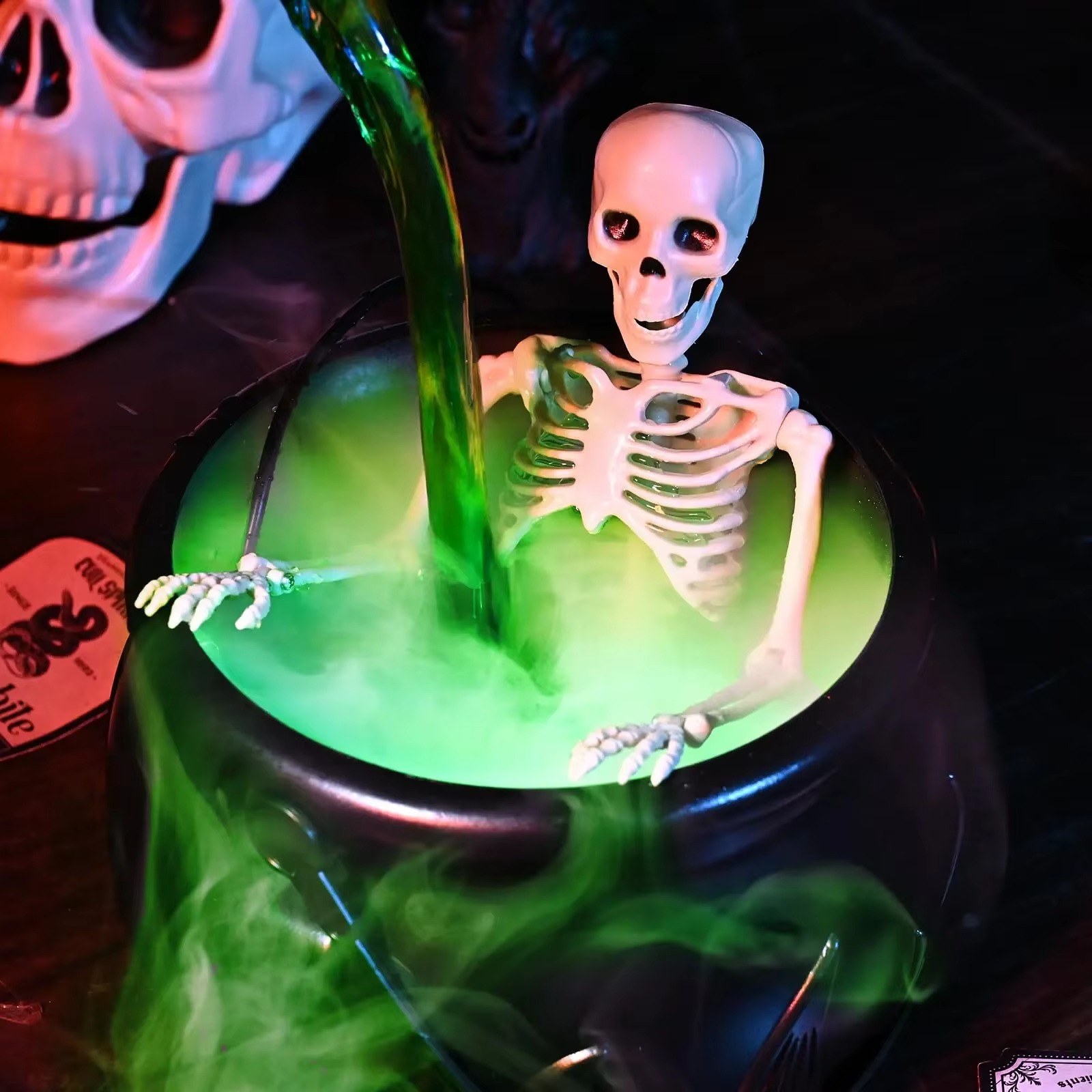 Halloween Cauldron Mist Maker with Skeleton & LED Lights 2