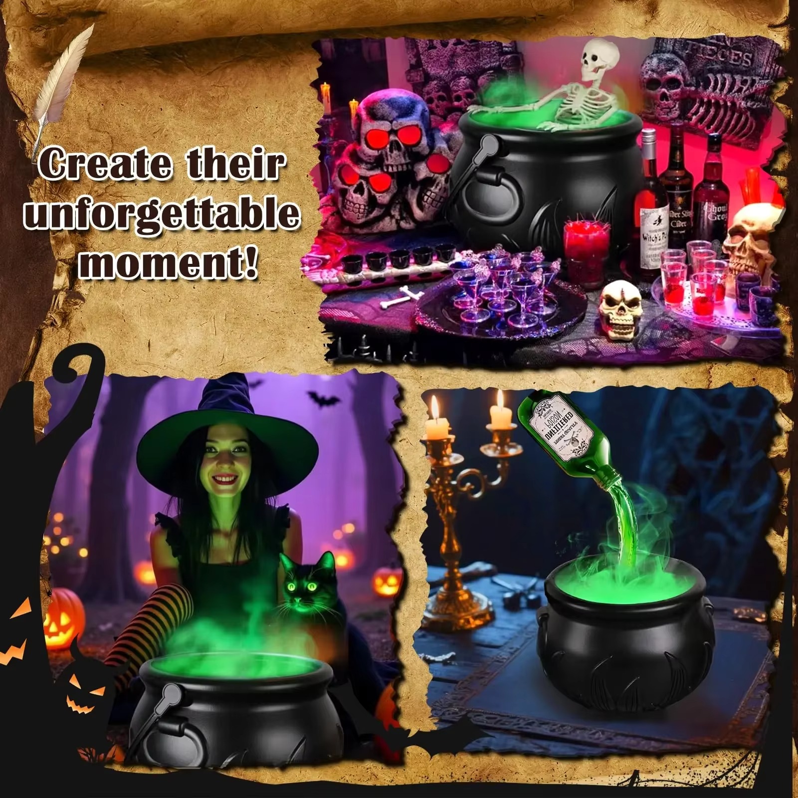 Halloween Cauldron Mist Maker with Skeleton & LED Lights 3